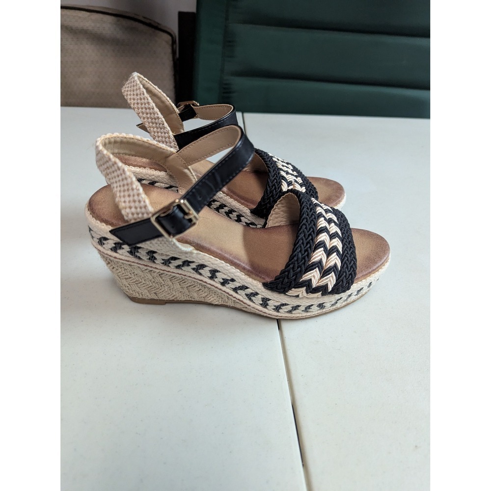 Womens Wedge Espadrille Sandals Black Beige Braided Ankle Strap - Picture 4 of 12